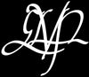 White cursive monogram on a black background